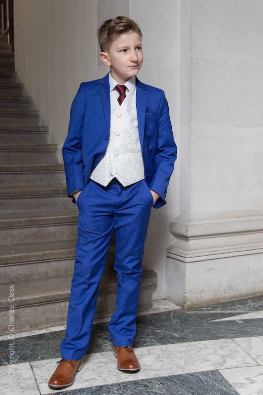 Boys Electric Blue Ivory Wedding Suit & Burgundy Tie | Charles Class